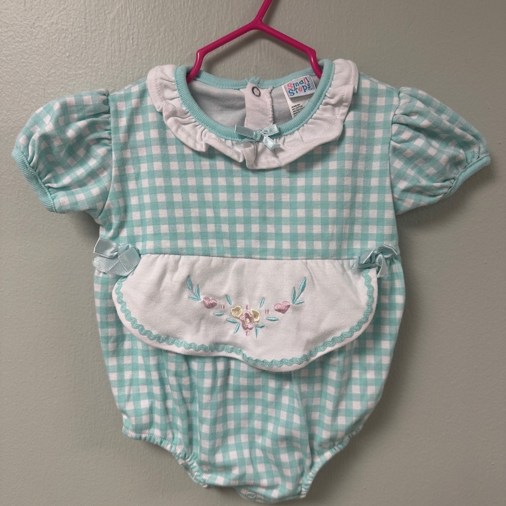Small Steps Vintage Mint Green Gingham Floral Embroidered Bubble‎ Romper 6-9M